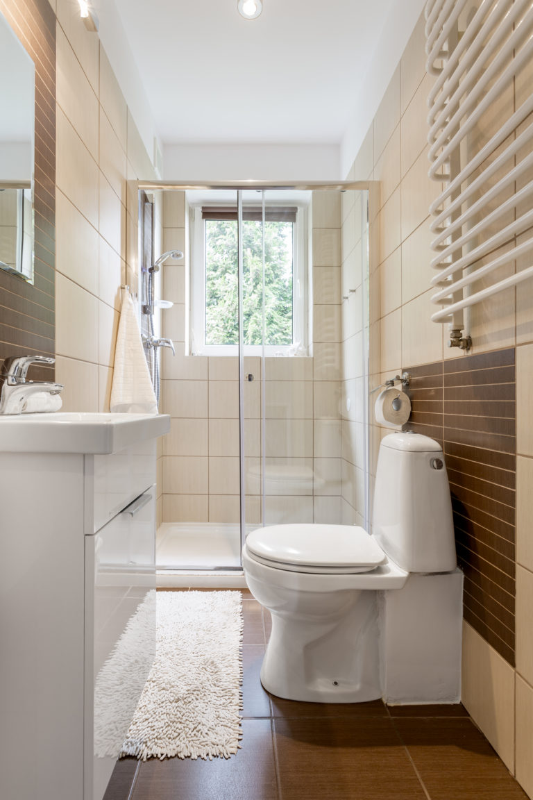 Small bathroom interior in brown with window, toilet, shower and basin
