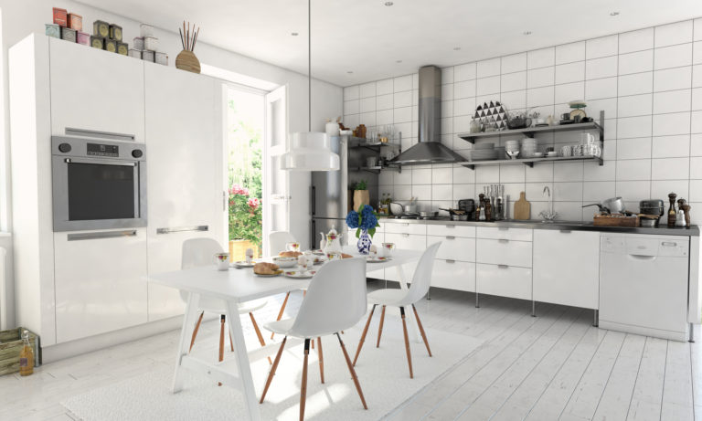 Typical Scandinavian style kitchen interior design. ( 3d render )